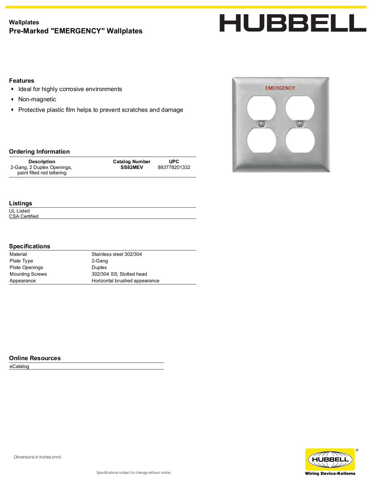 Hubbell SS82MEV Specifications