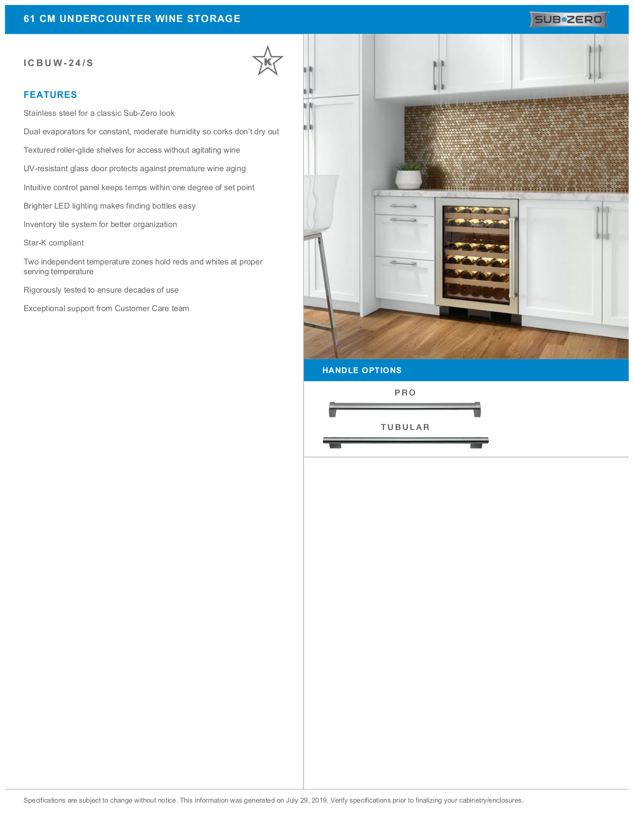 Sub-Zero ICBUW24SPHLH, ICBUW24SPHRH Specifications Sheet