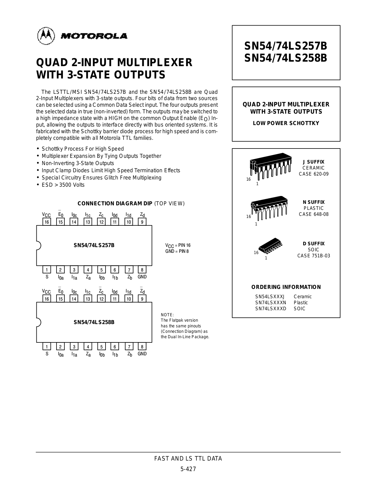 Motorola SN54LS257BJ, SN54LS258BJ, SN74LS258BN, SN74LS258BD, SN74LS257BN Datasheet