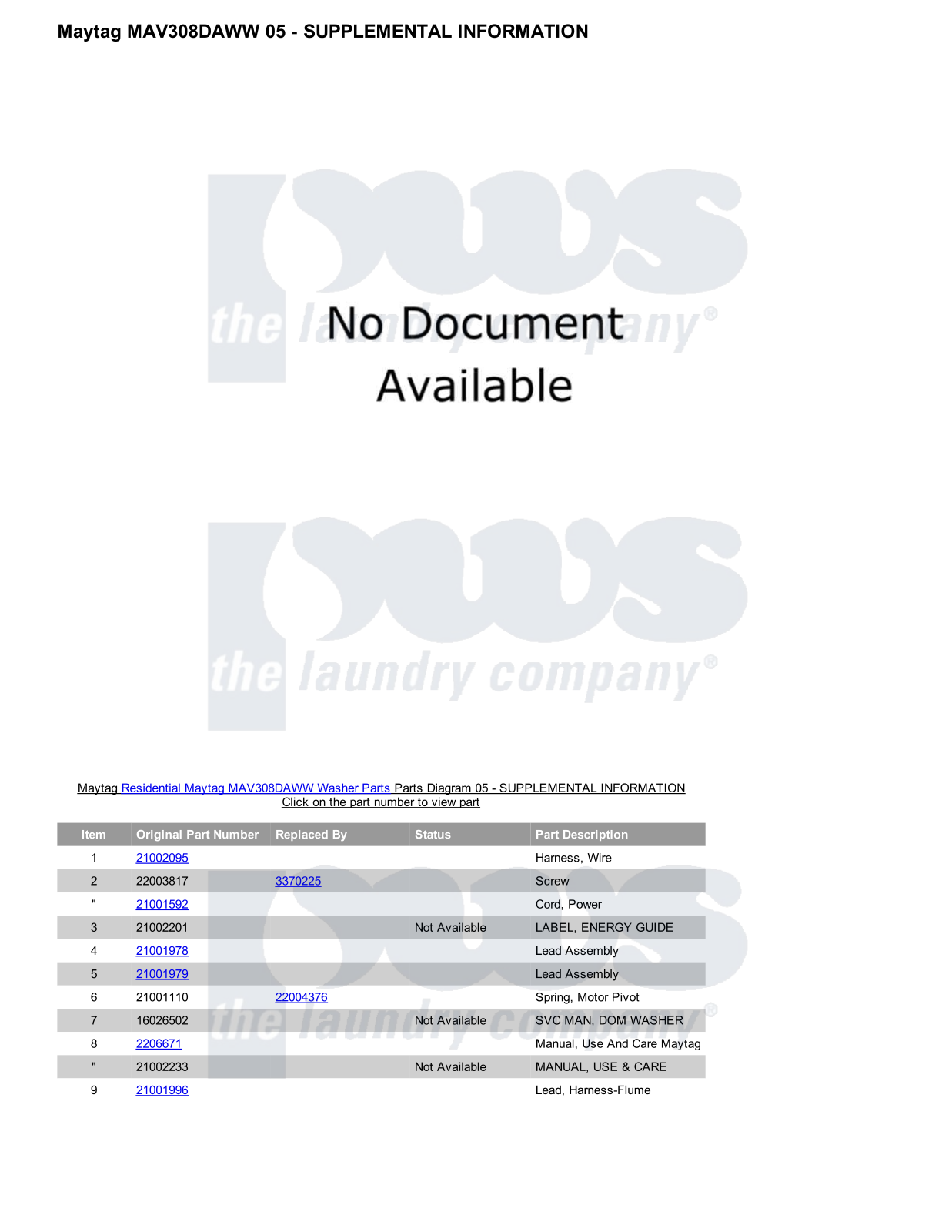 Maytag MAV308DAWW Parts Diagram