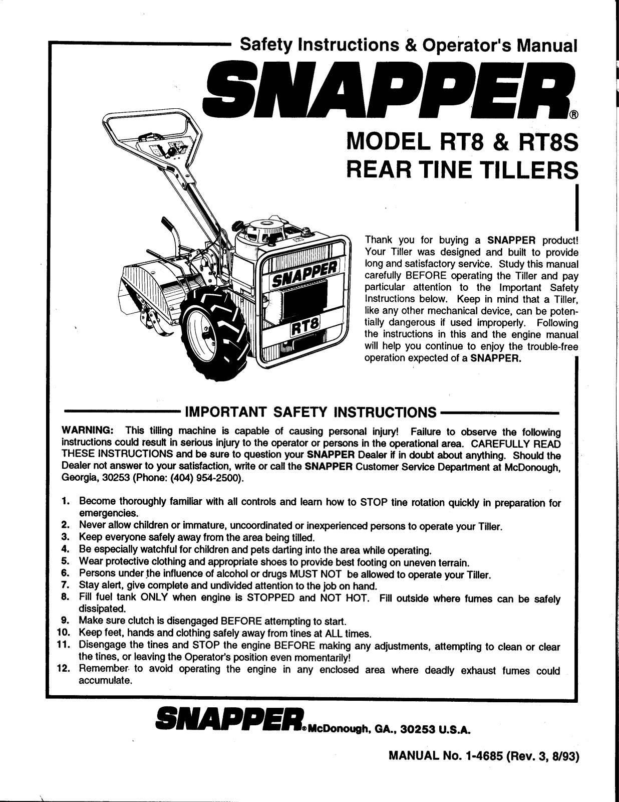 Snapper RT8S User Manual