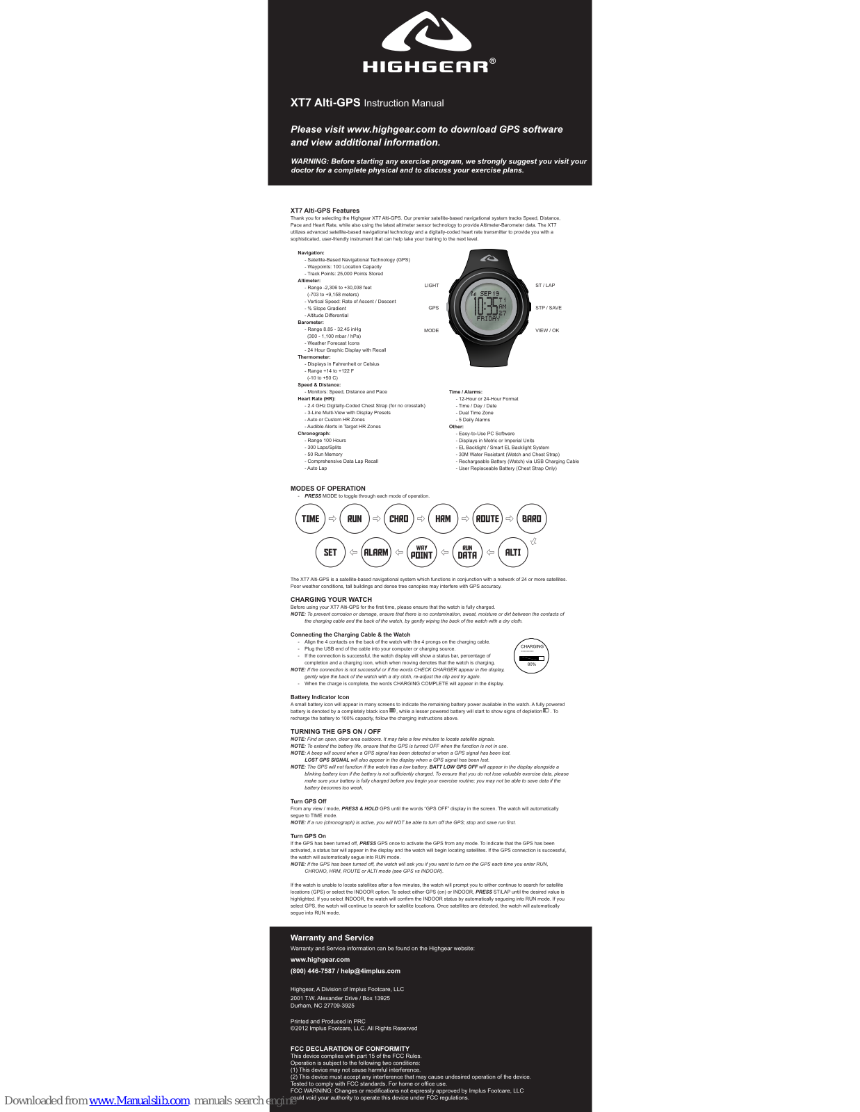 HighGear XT7 Alti-GPS Instruction Manual