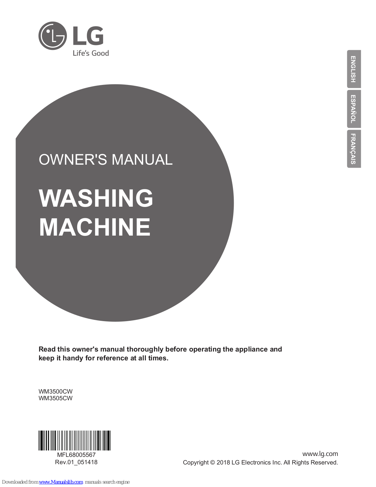 LG WM3505CW, WM3700H A Series Owner's Manual