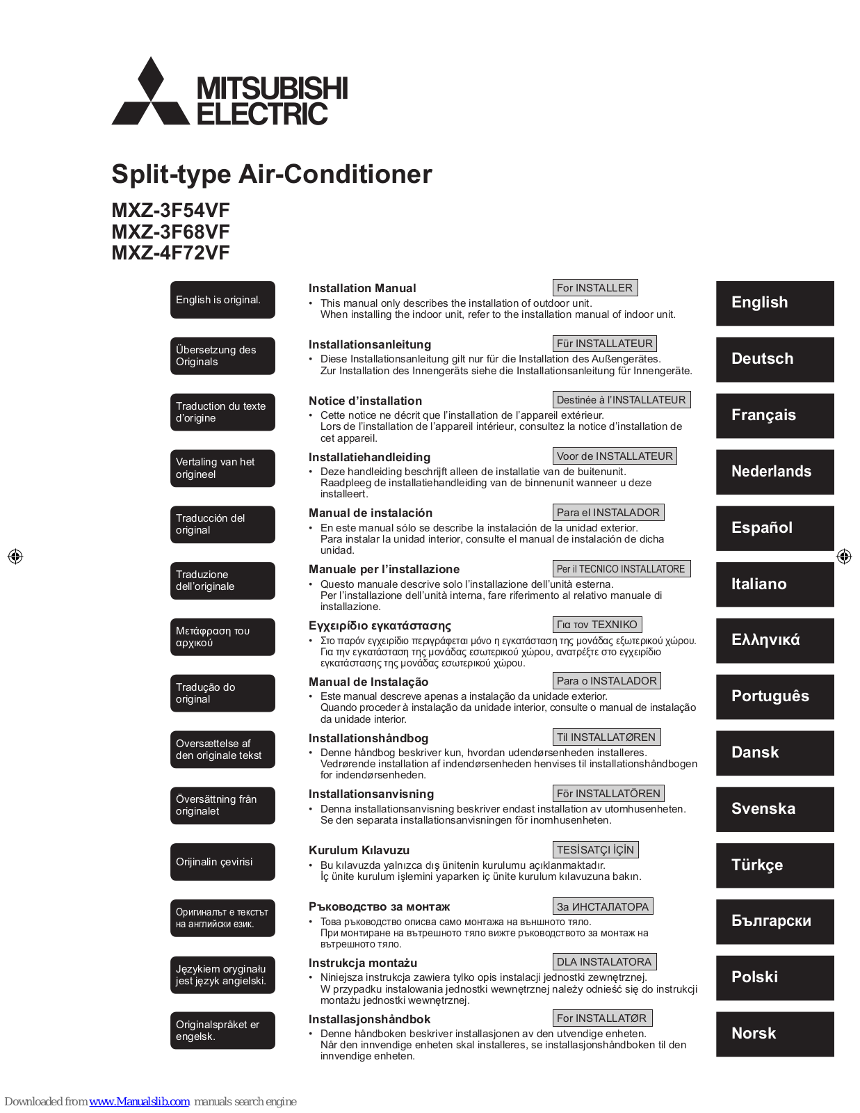 Mitsubishi Electric MXZ-3F54VF, MXZ-4F72VF, MXZ-3F68VF Installation Manual