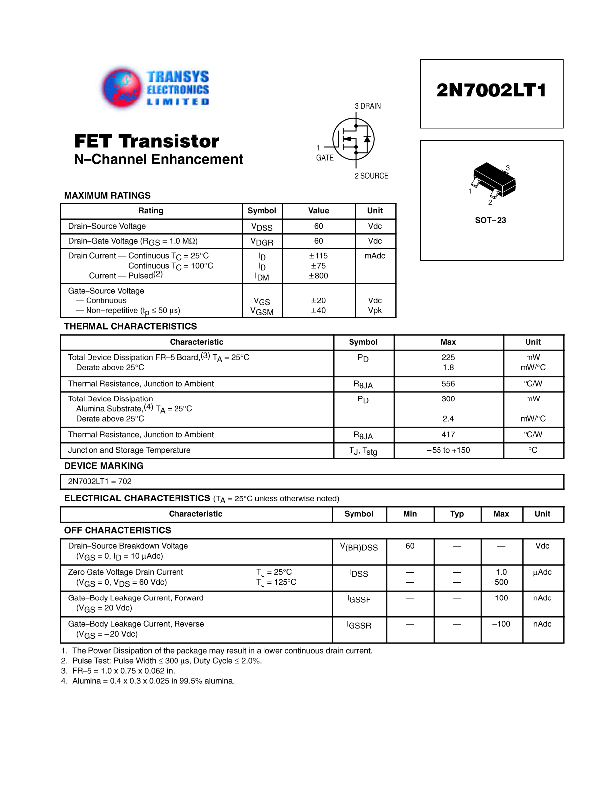 TRANSYS 2N7002LT1 Datasheet