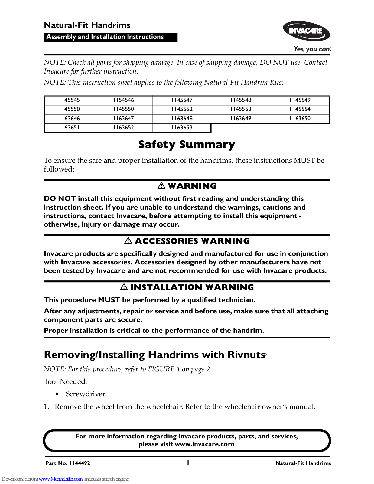 Invacare 1145545, 1145548, 1145546, 1145547, 1145549 Assembly And Installation Instructions Manual