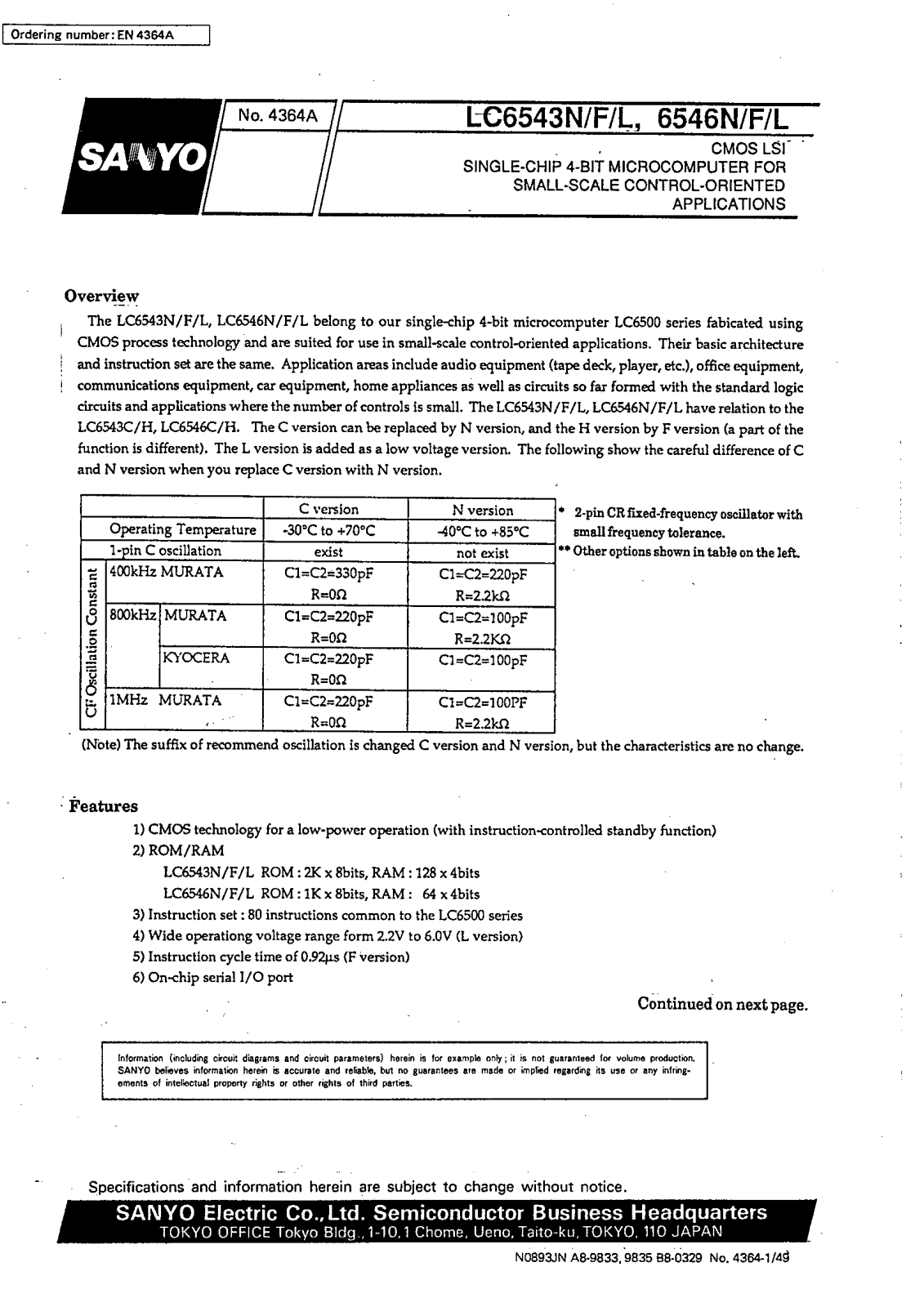 SANYO LC6543N, LC6543F, LC6546F, LC6546N Datasheet