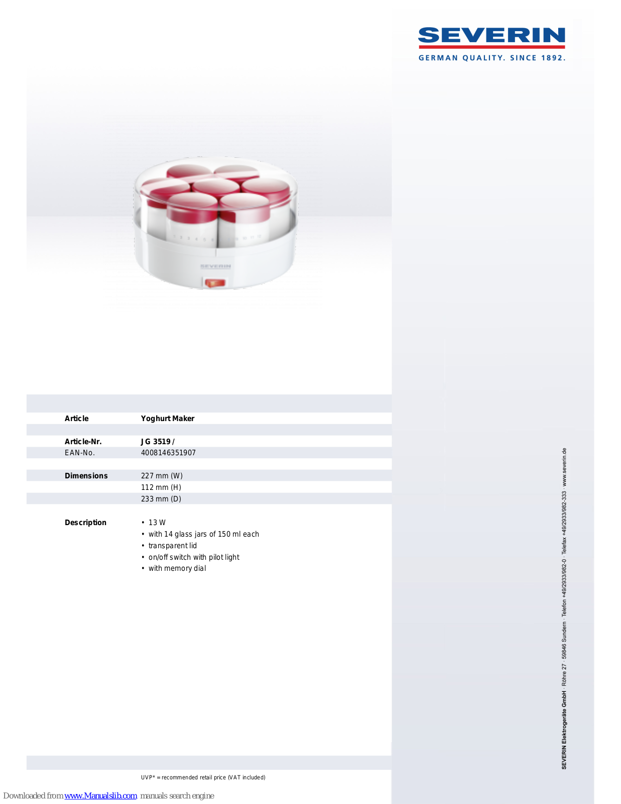 SEVERIN JG 3519,YOGHURT MAKER - DATASHEET 2,JG 3519 Dimensions