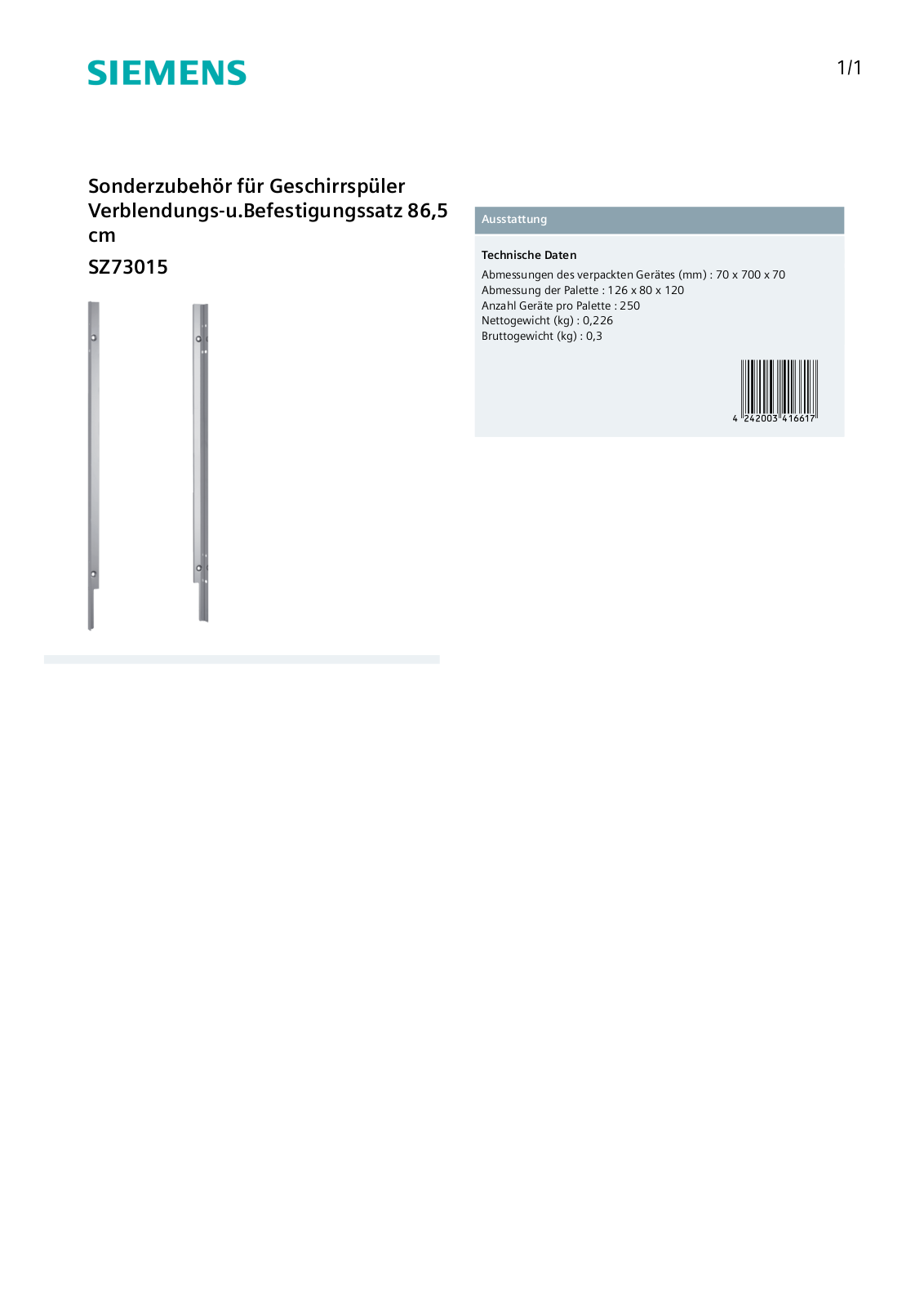 SIEMENS SZ73015 Technical data