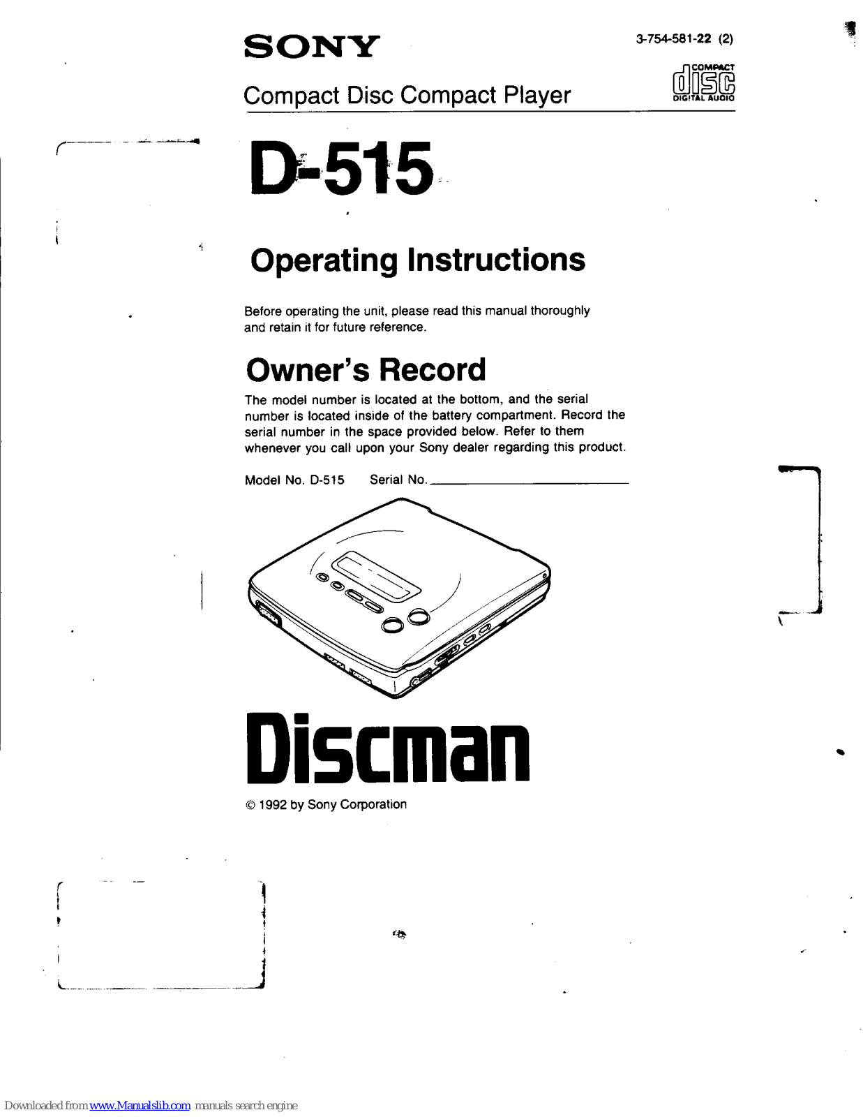 Sony D-515 Primary Operating Instructions Manual