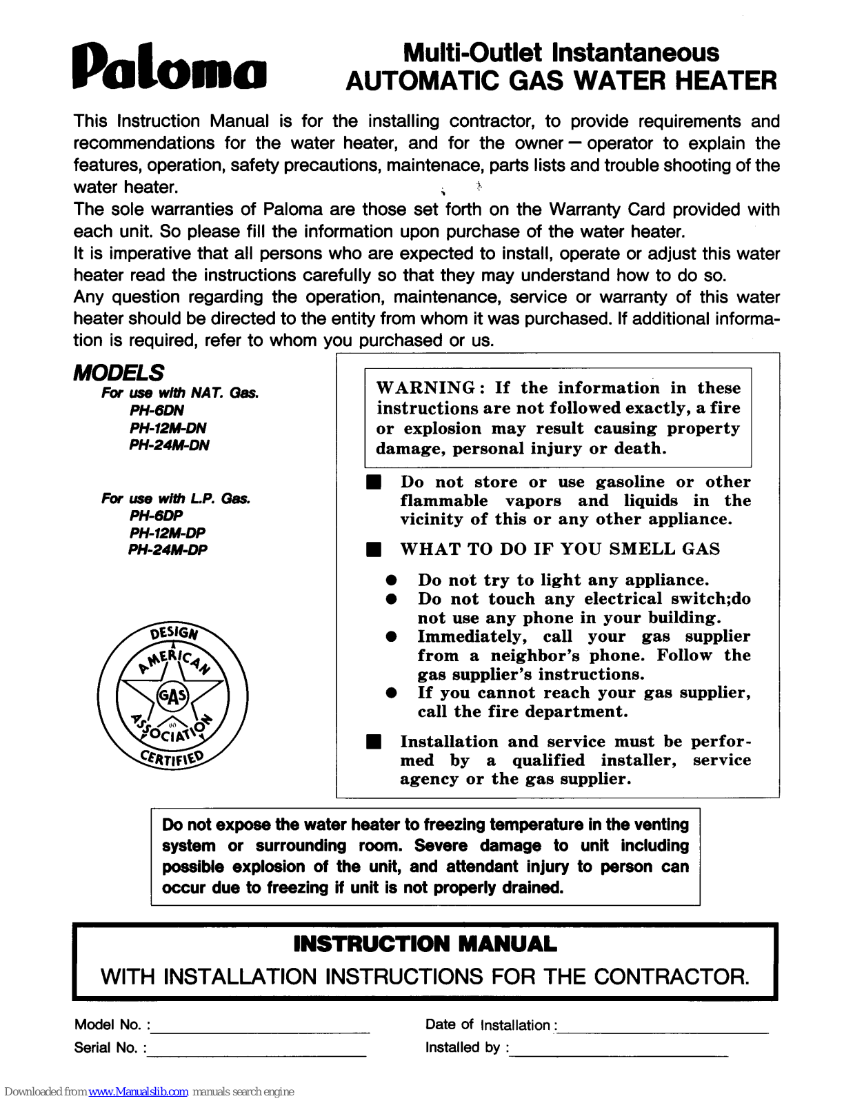 Paloma PH-6DN, PH-24M-DN, PH-6DP, PH-12M-DN, PH-12M-DP Instruction Manual