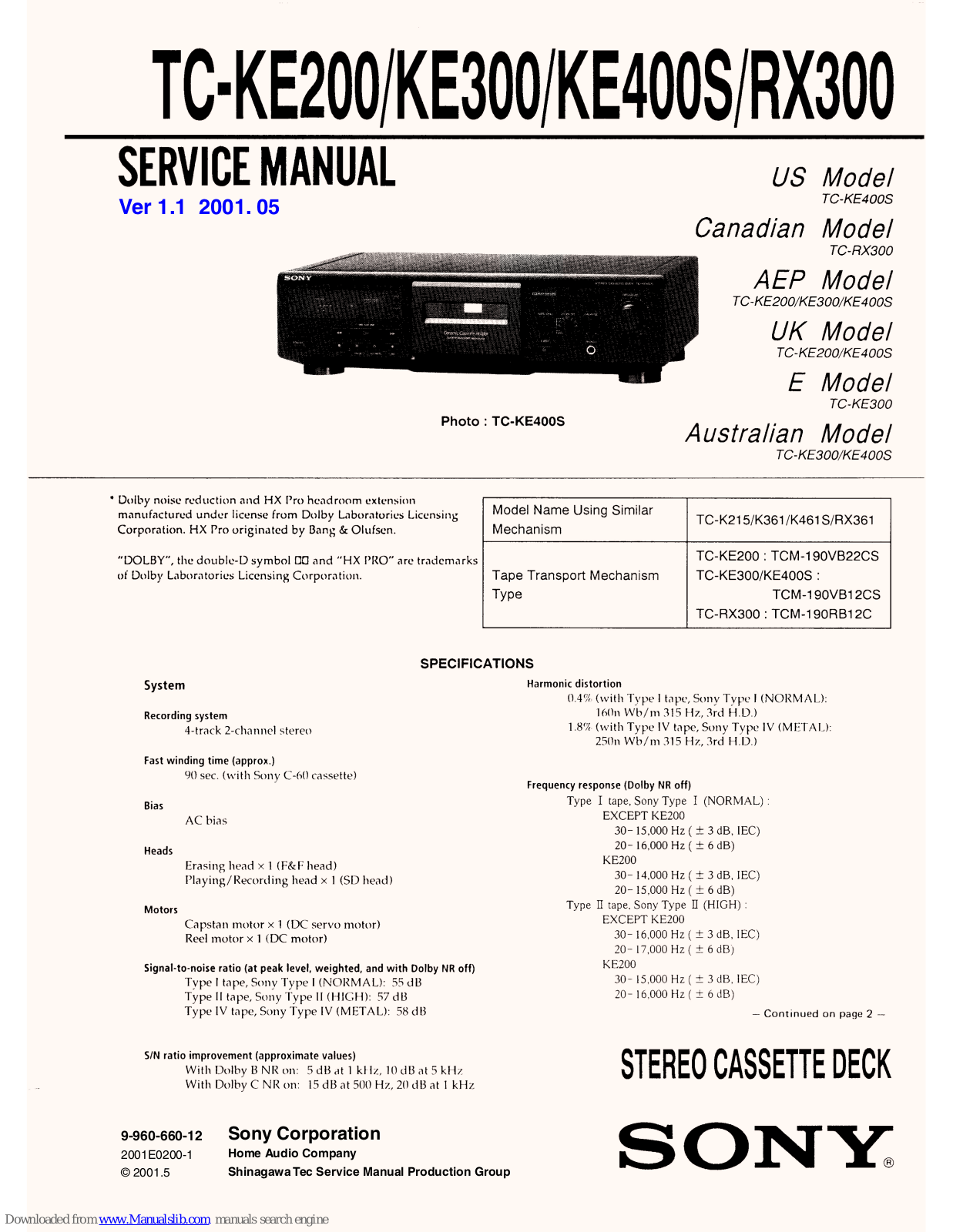 Sony TC-KE200,TC-KE400S,TC-RX300,TC-KE300 Service Manual