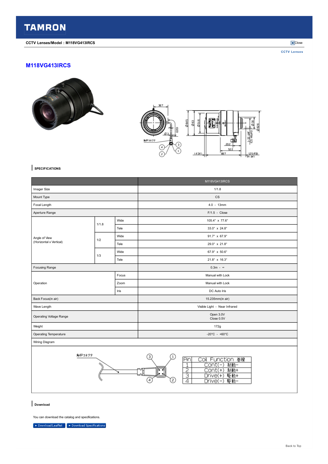 Tamron M118VG413IRCS Specsheet