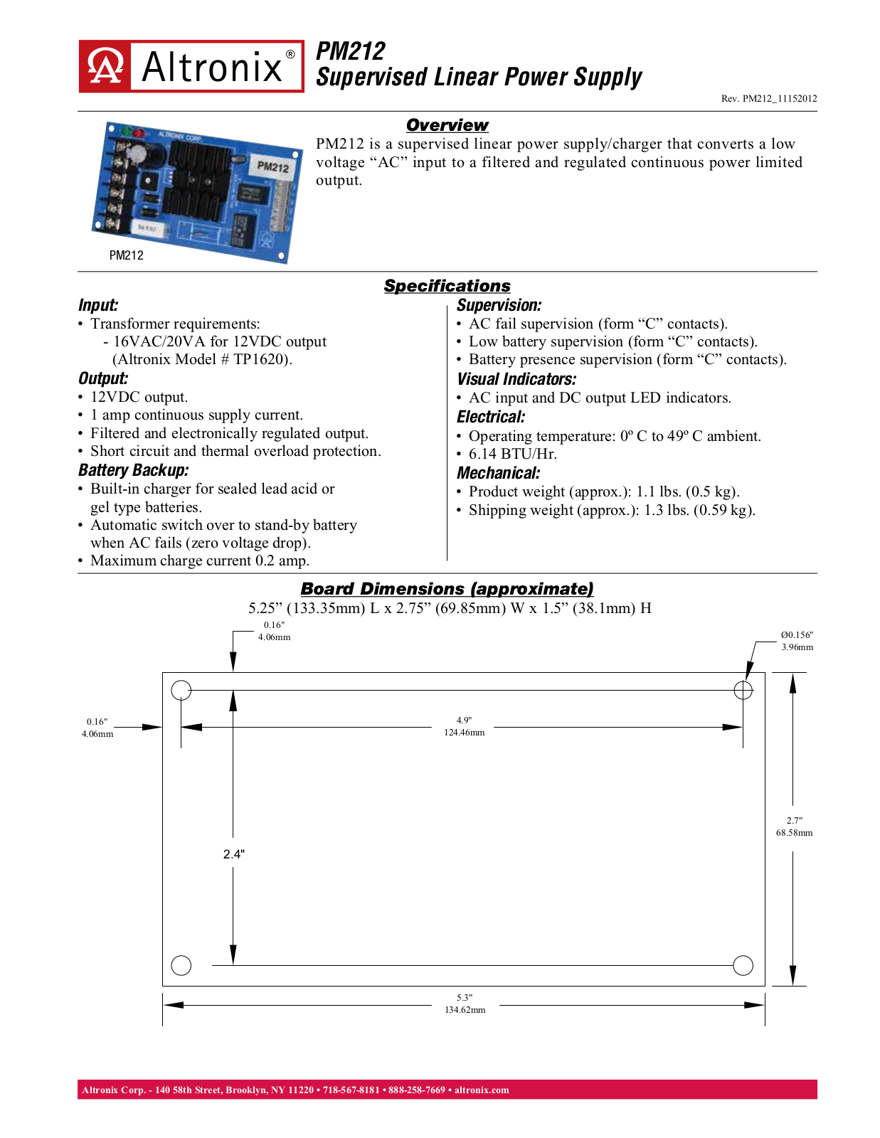 Altronix PM212 Data Sheet