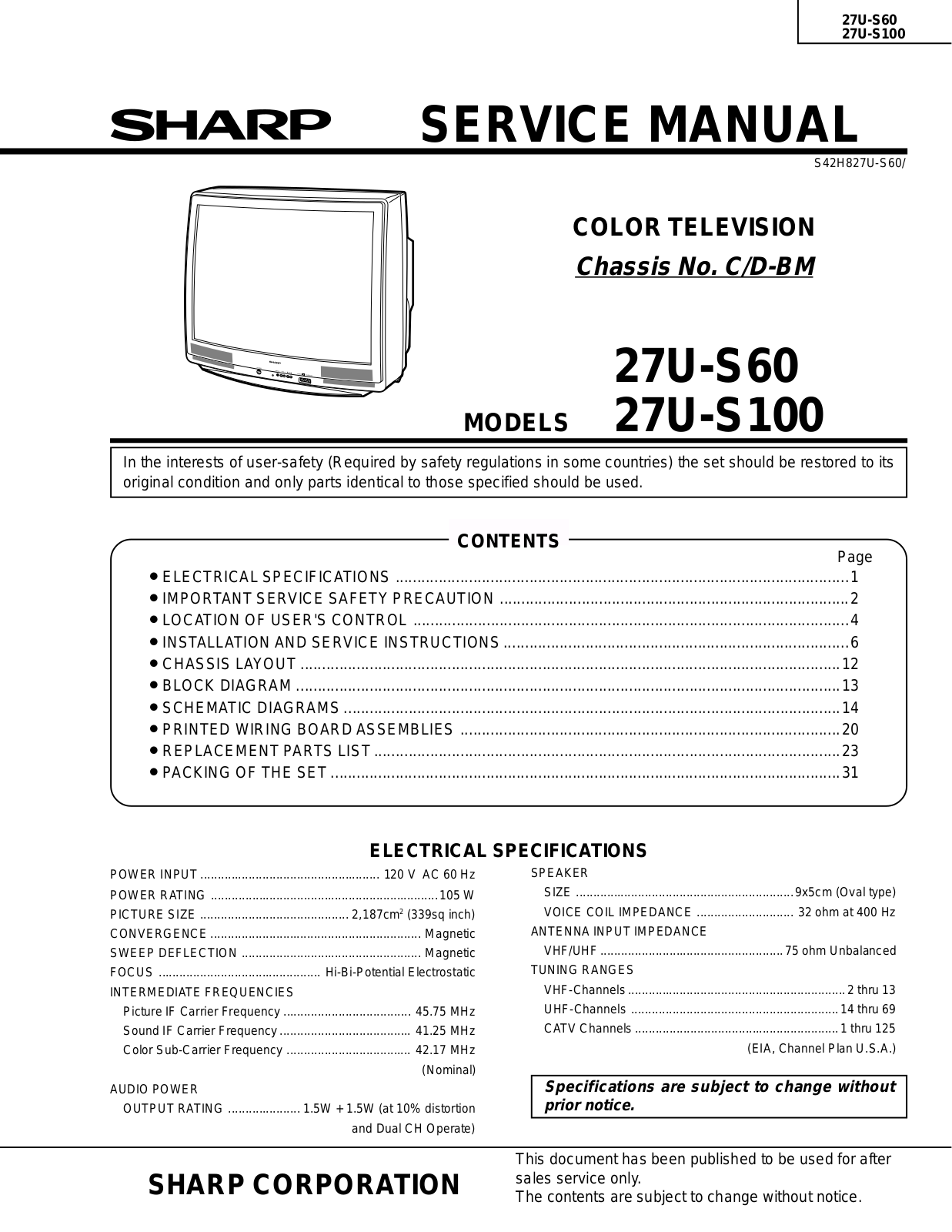 SHARP 27US60-S100, 27U-S60 Service Manual