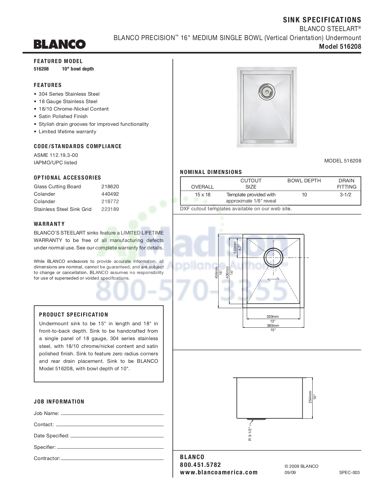 Blanco 516208 Specs