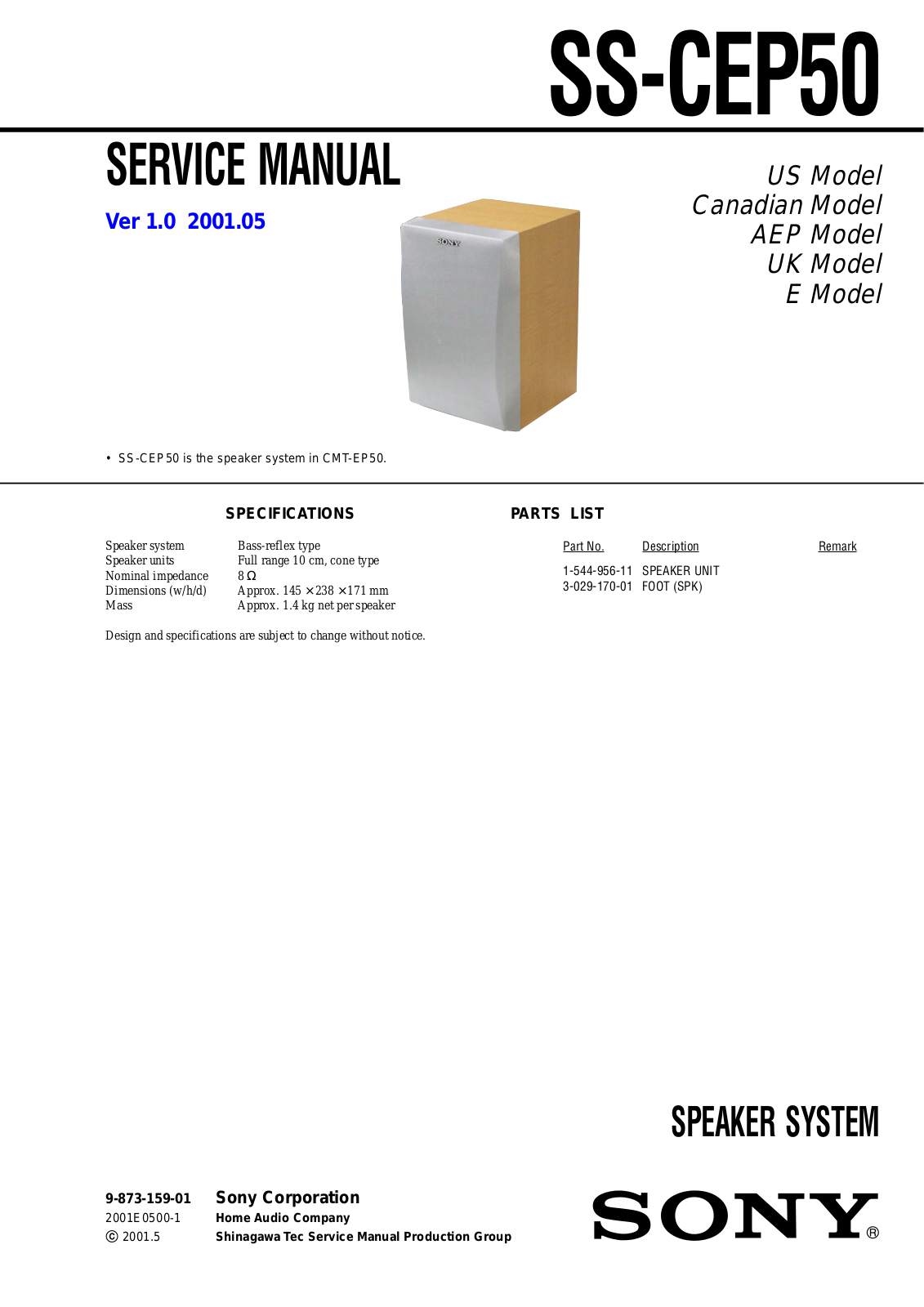 Sony SS-CEP50 Service Manual