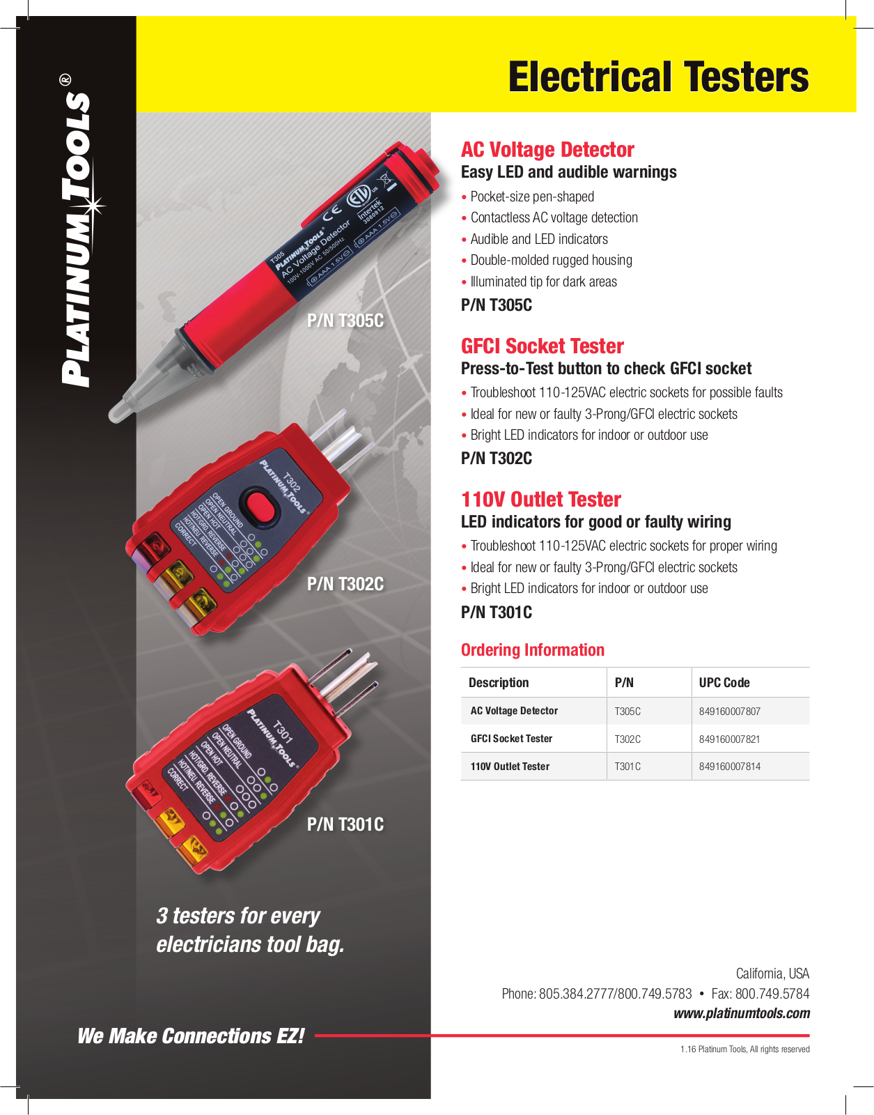 Platinum Tools T301C, T302C, T305C Specsheet