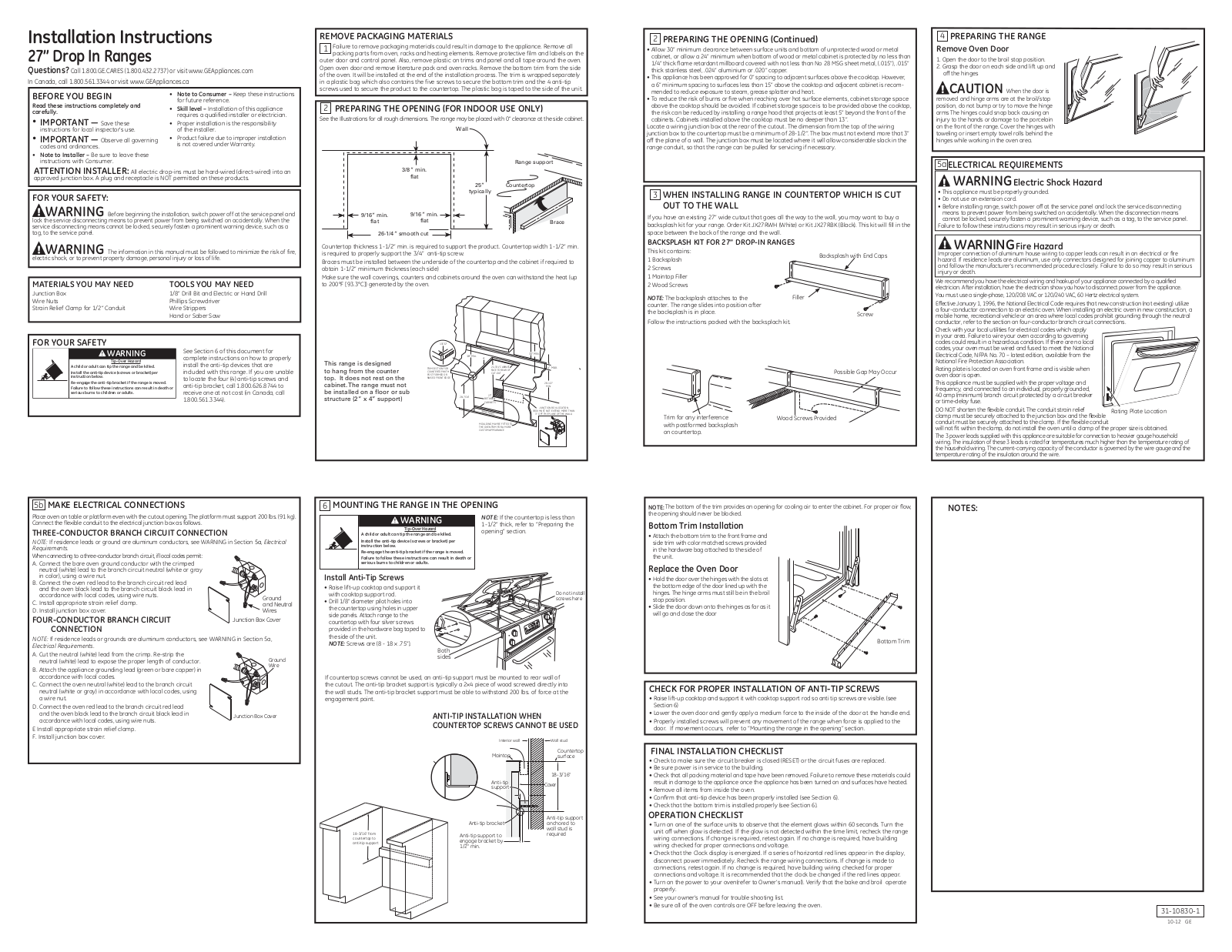 GE Drop In Ranges Installation Instructions