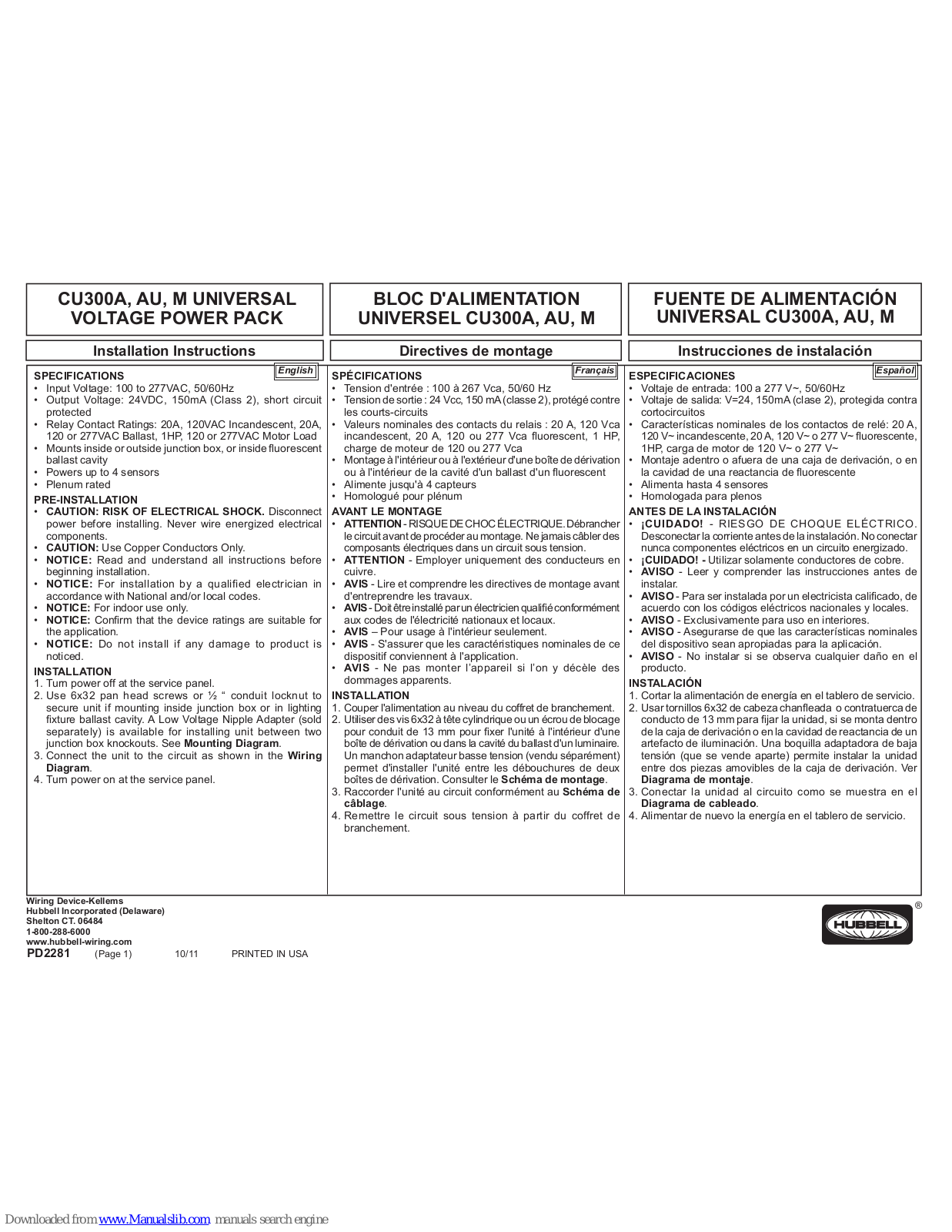 Hubbell CU300A, CU300AU, CU300M Installation Instructions Manual