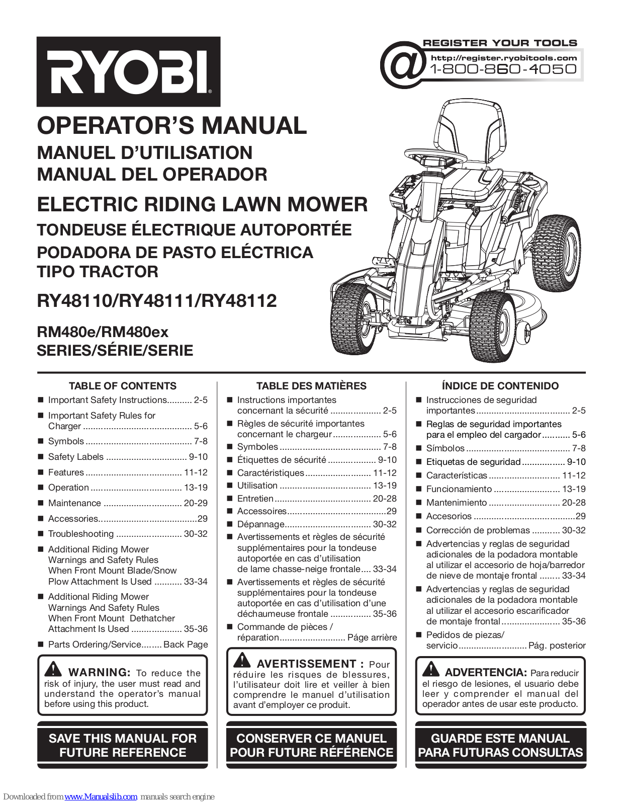 Ryobi RM480ex Series, RY48110, RM480e Series, RY48112, RY48111 Operator's Manual