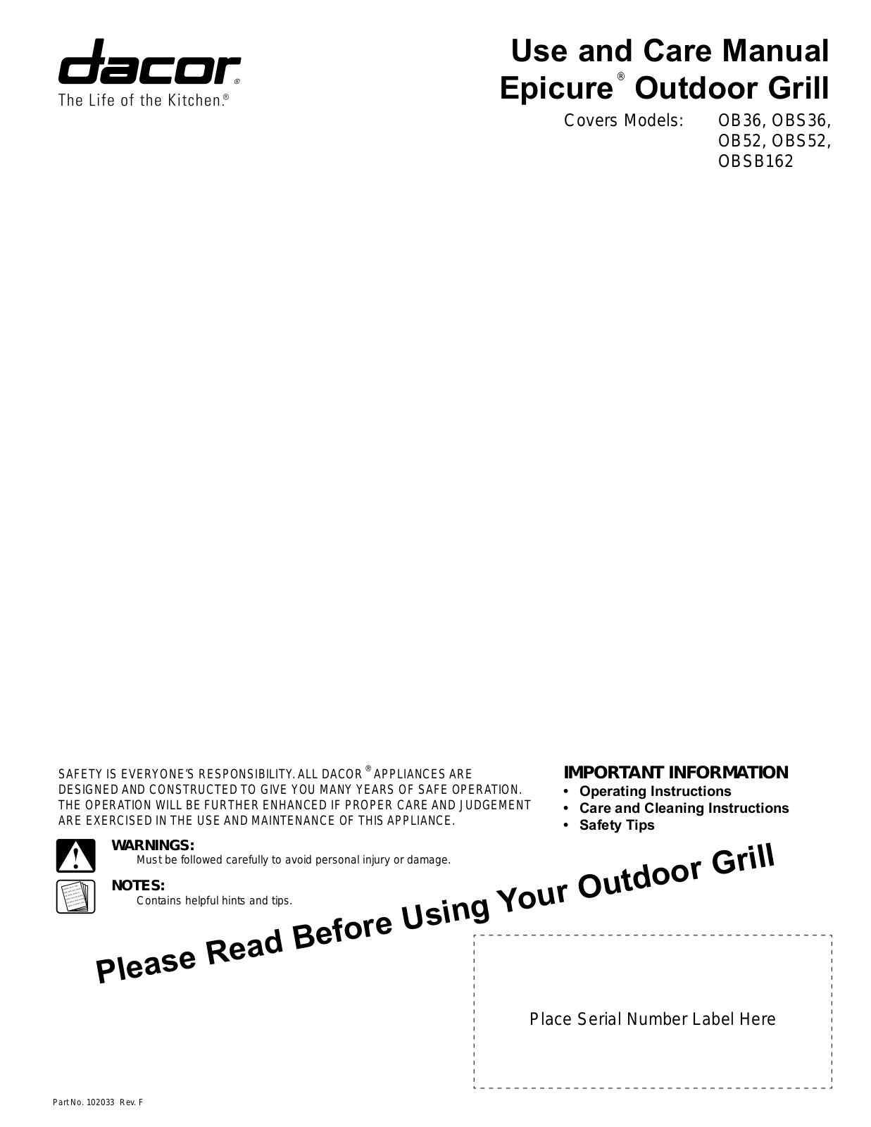 Dacor OBSB162 User Manual