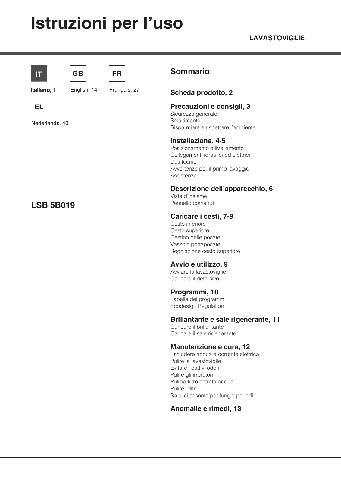 Hotpoint LSB 5B019 CB EU User Manual