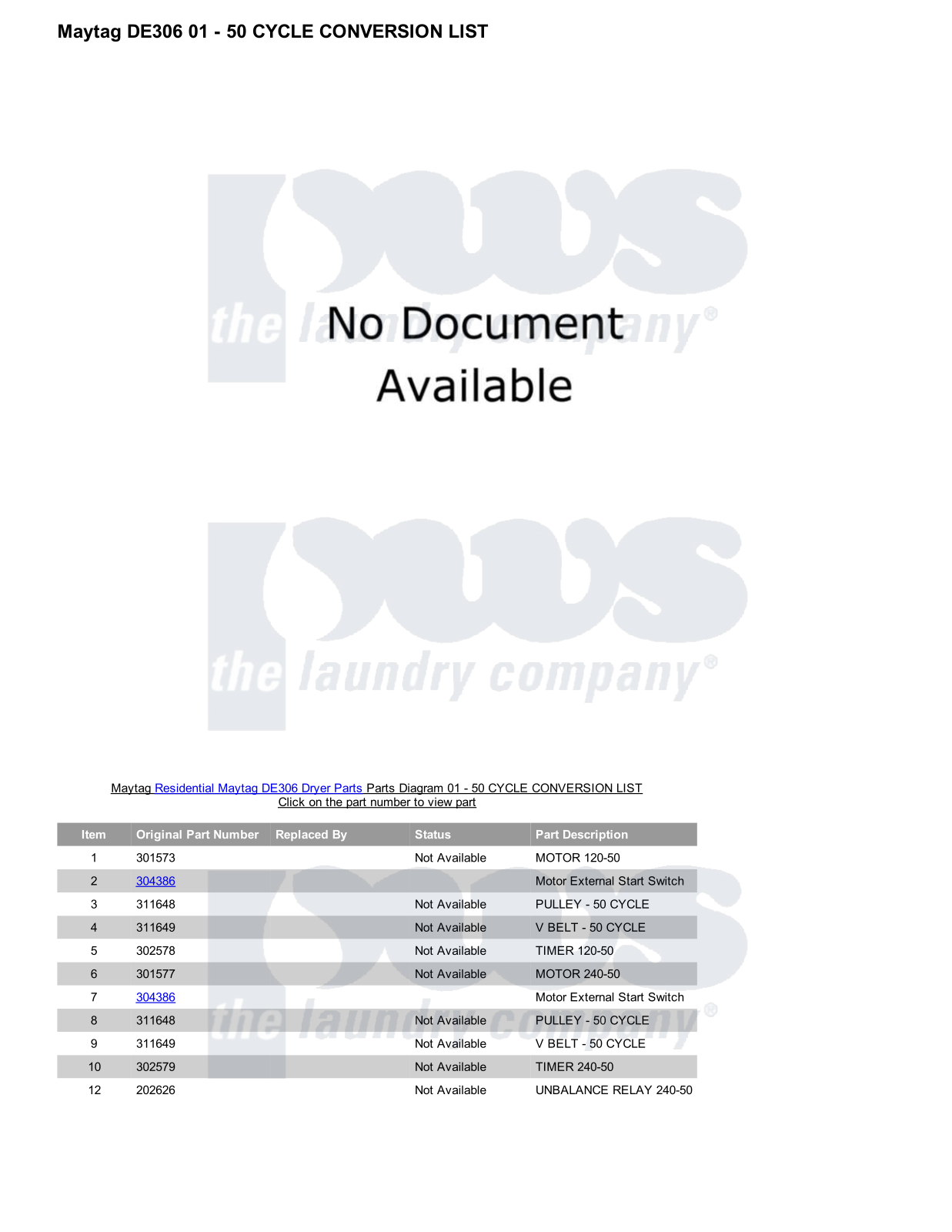 Maytag DE306 Parts Diagram