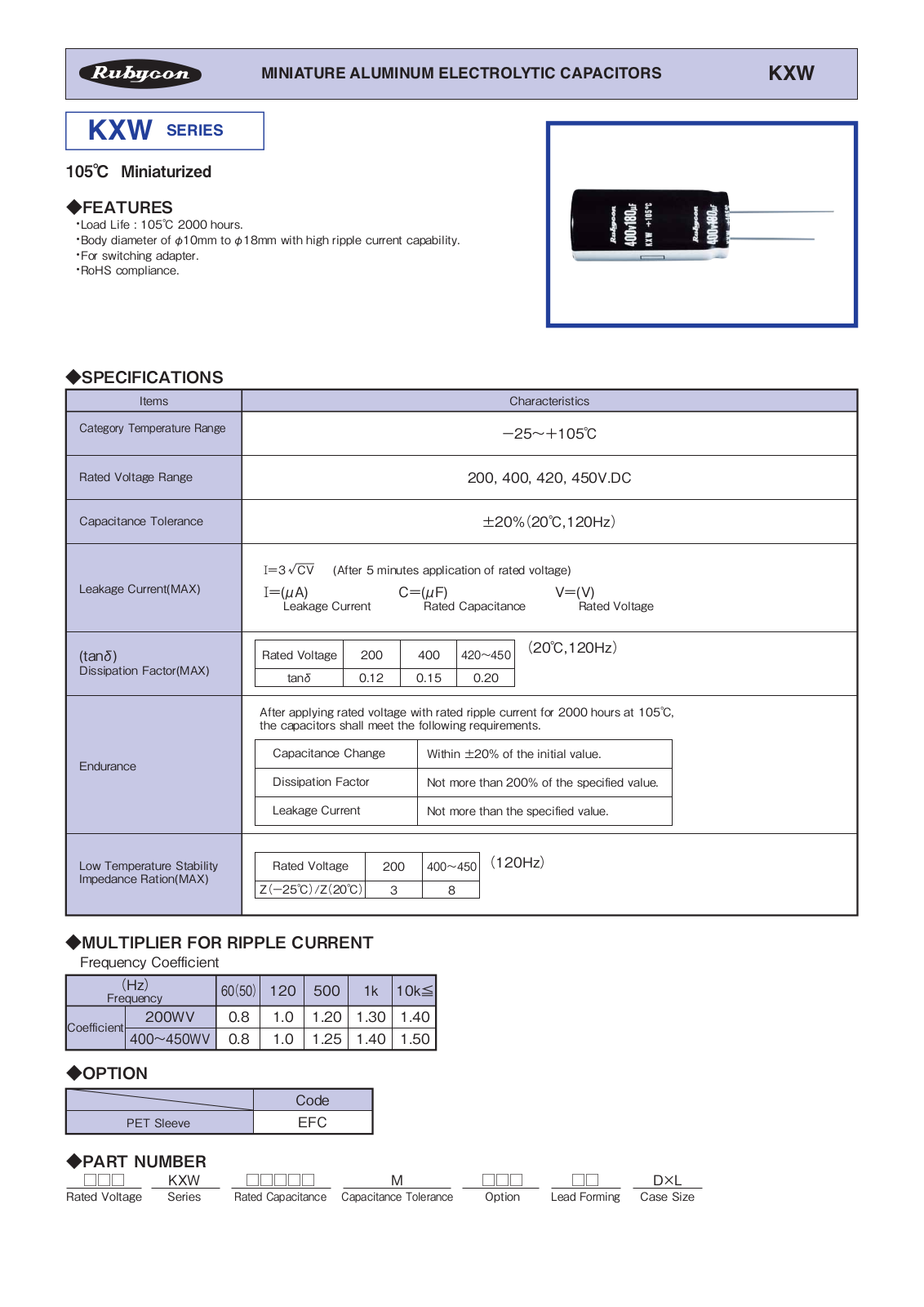 Datasheet Rubycon [radial thru-hole] KXW Series Datasheet - ManualMachine.com