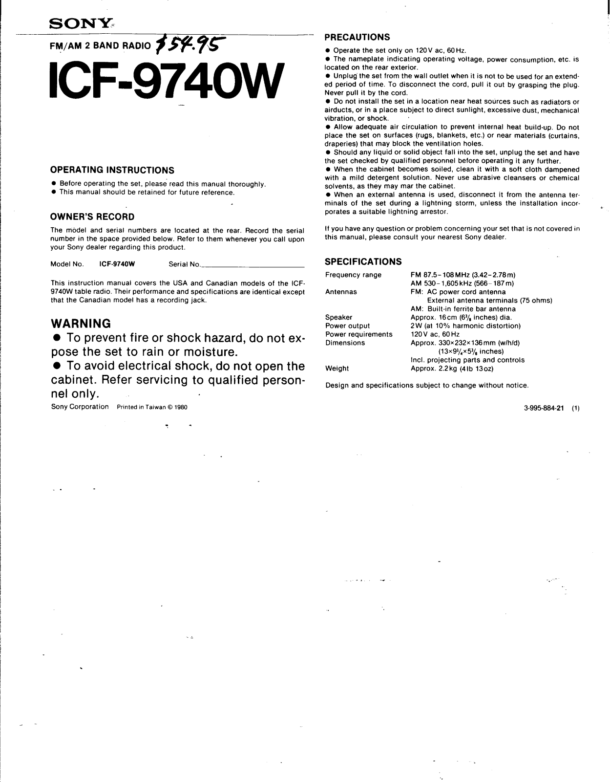 Sony ICF-9740W Operating Instructions