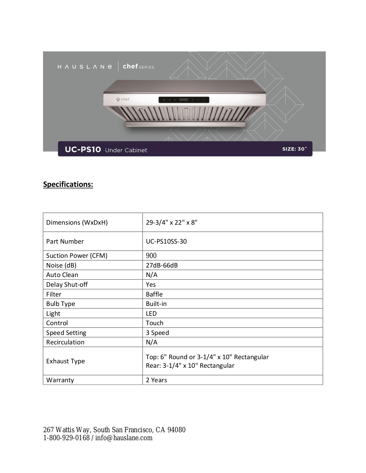 Hauslane UCPS10SS30 Specifications