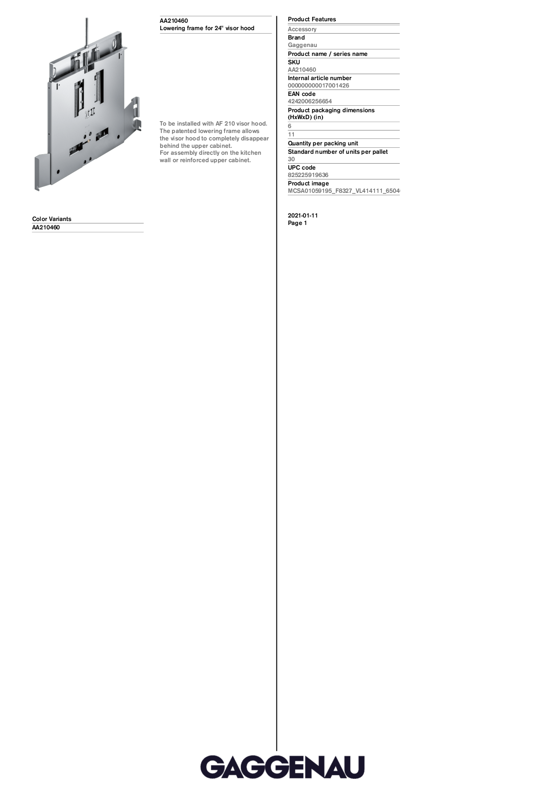 Gaggenau AA210460 Specification Sheet