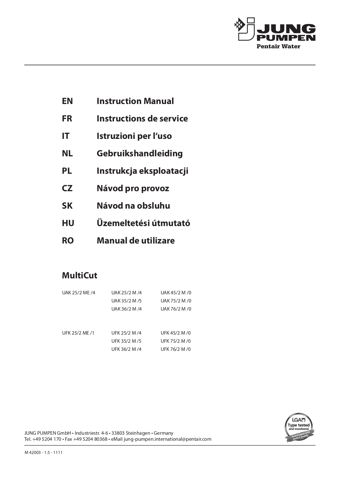 Jung Pumpen UAK 35/2 M /5, UAK 25/2 ME /4, UAK 25/2 M /4, UAK 75/2 M /0, UAK 36/2 M /4 Instruction Manual