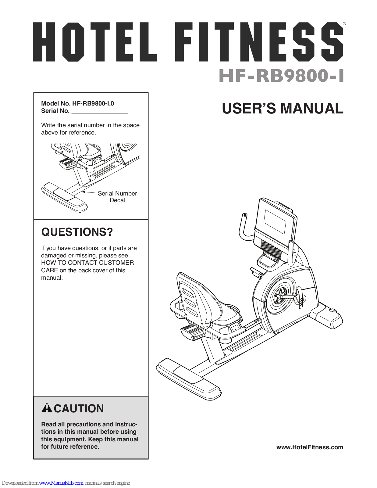 Hotel Fitness Rb9800, HF-RB9800-I.0 Bike Manual