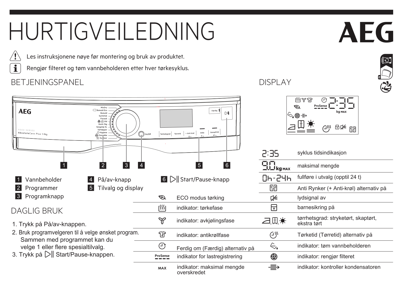 Aeg TR934A95G, 916 099 357 Quick Guides - ManualMachine.com