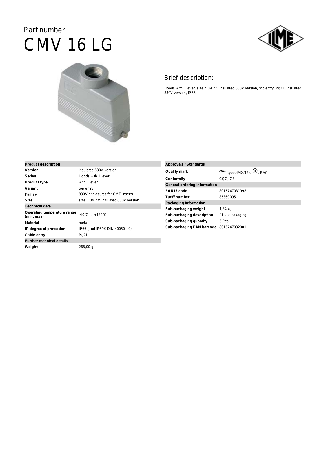 ILME CMV-16LG Data Sheet