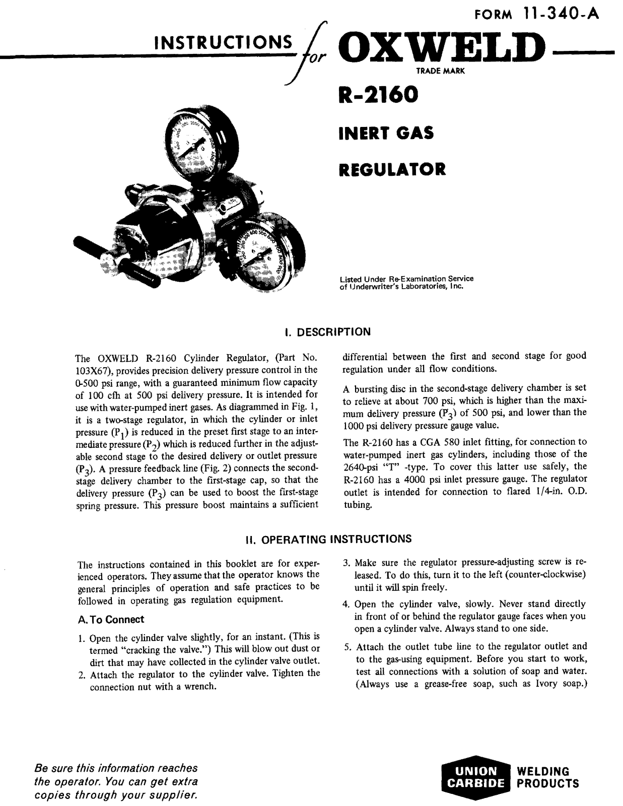UNION CARBIDE OXWELD R-2160 Inert Gas Regulator Troubleshooting instruction