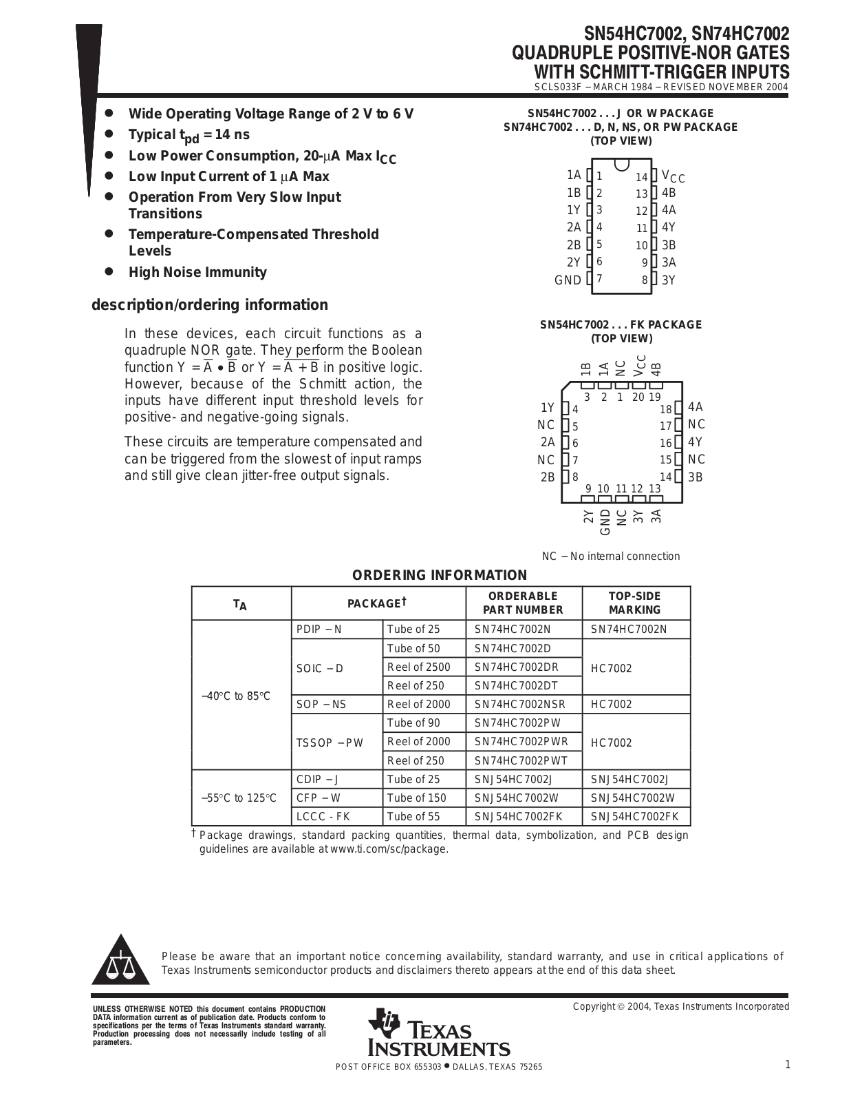 TEXAS INSTRUMENTS SN54HC7002, SN74HC7002 Technical data