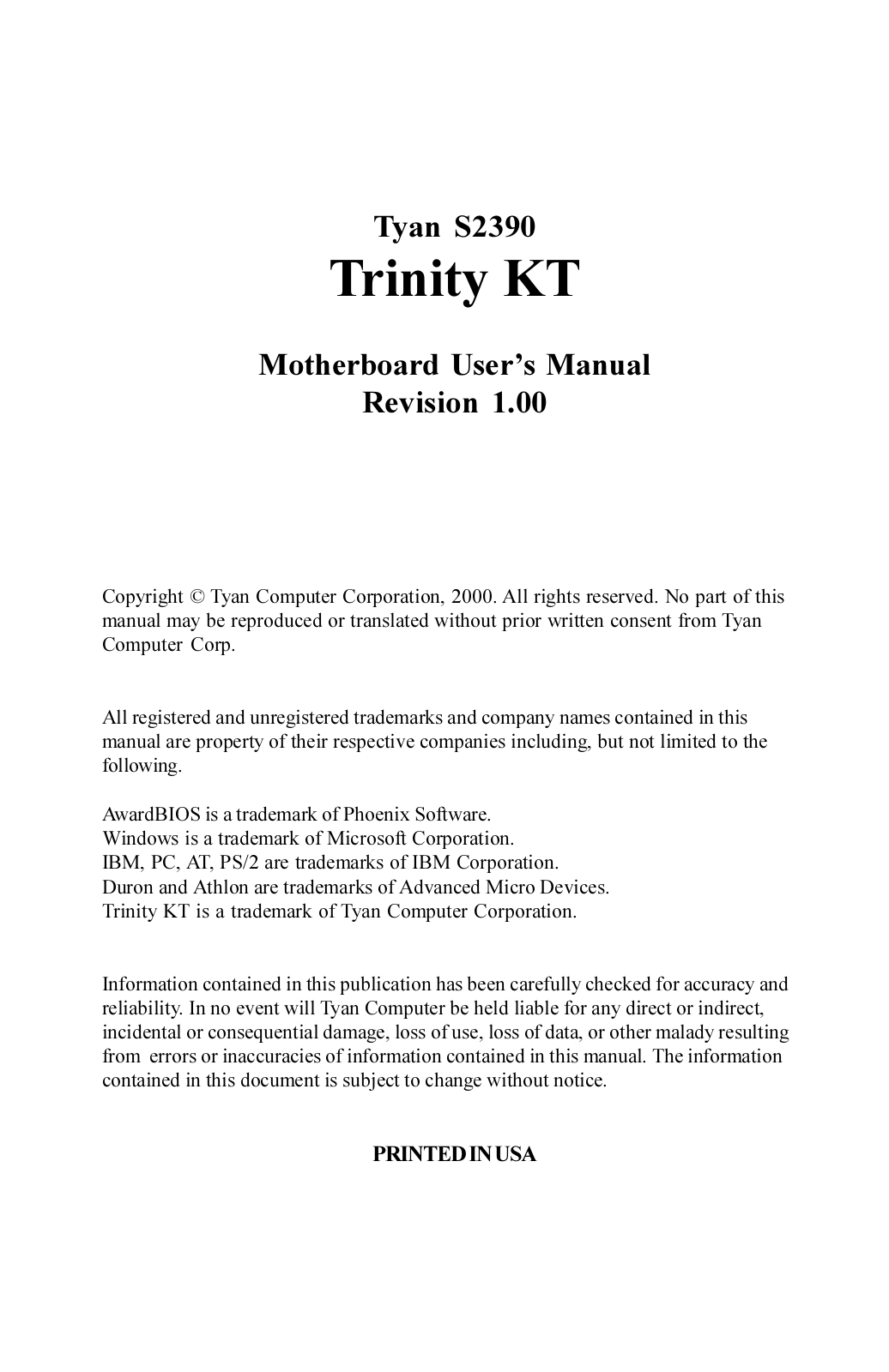 Tyan TRINITY KT User Manual