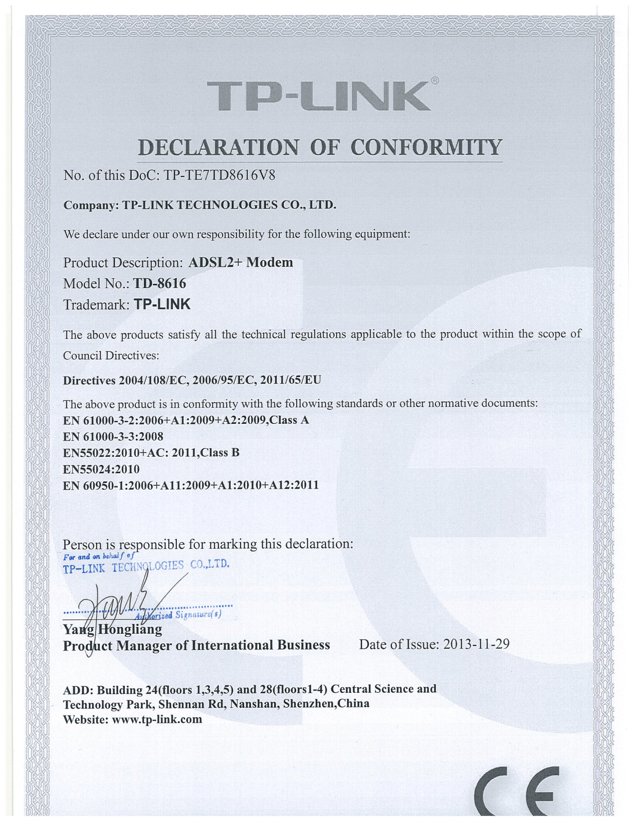 TP-Link TD-8616 Declaration of Conformity