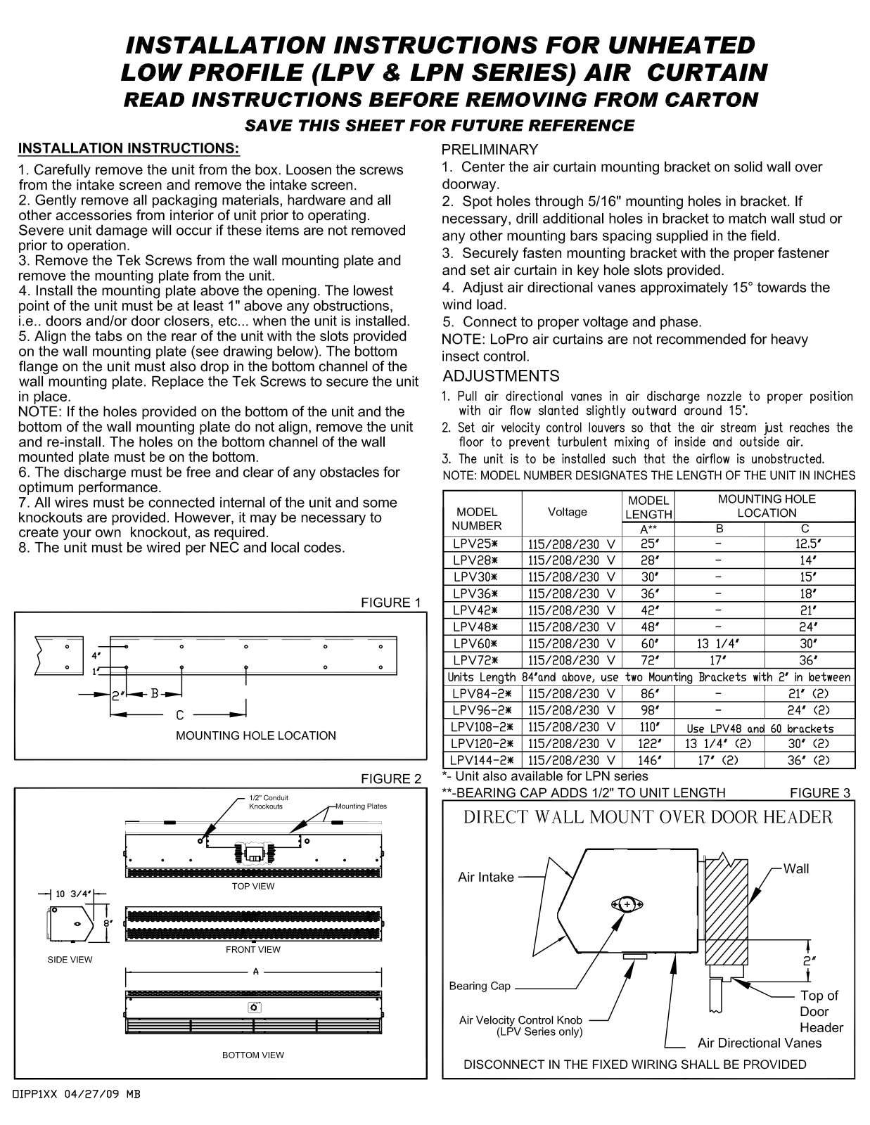 Mars Air LPV108-2, 36NCH Installation  Manual