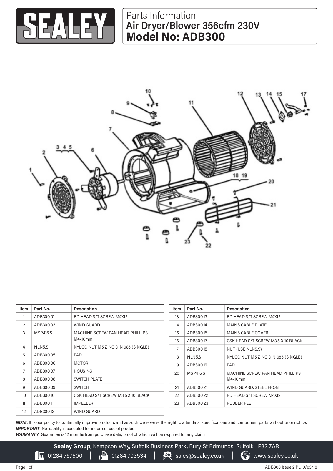 Sealey ADB300 Parts Listing