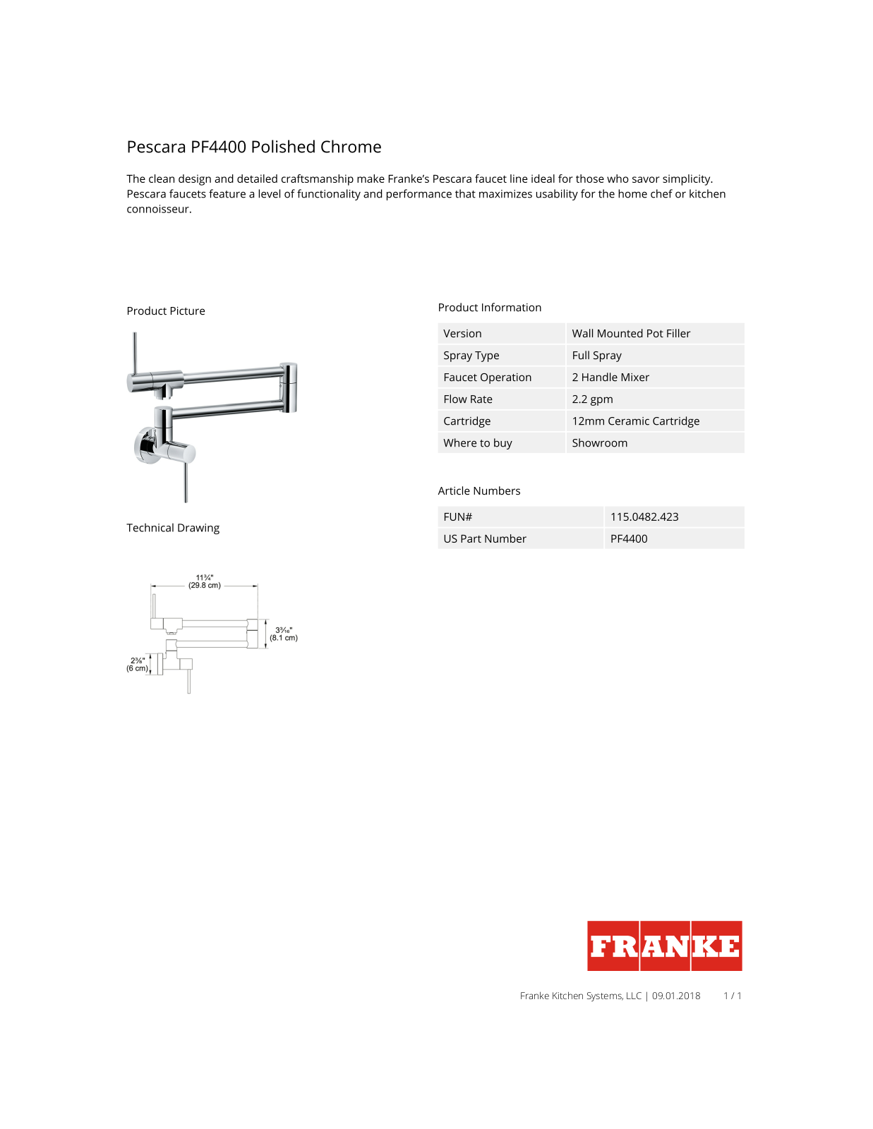 Franke PF4400 Specs