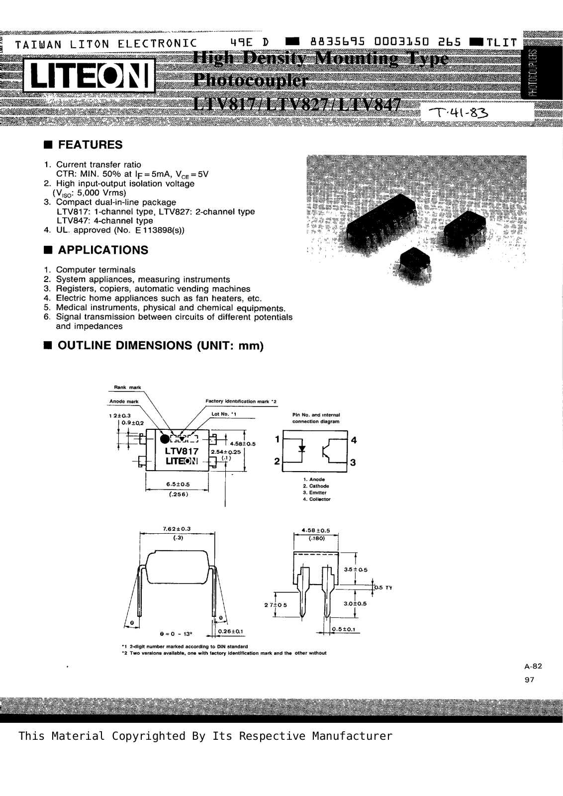 LITEON LTV847, LTV827, LTV817D, LTV817C, LTV817 Datasheet