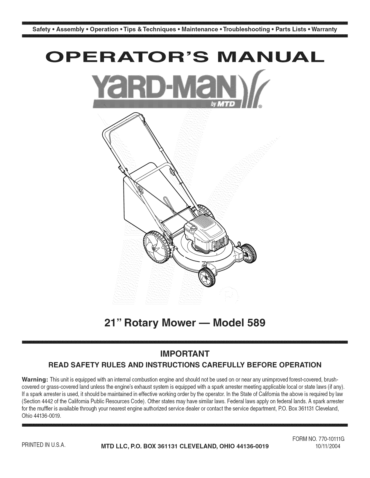 Yard-Man 11A-589R755 Owner’s Manual