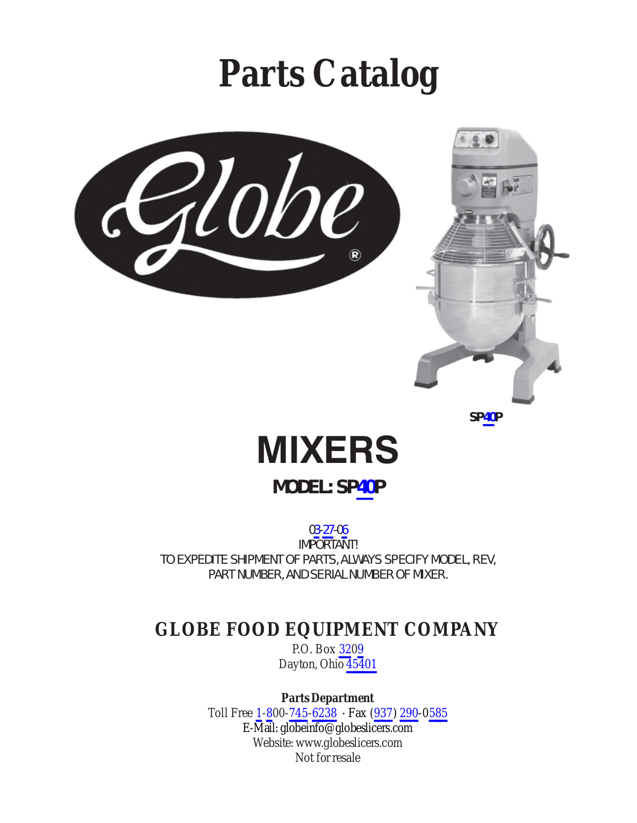 Globe SP40P PARTS LIST