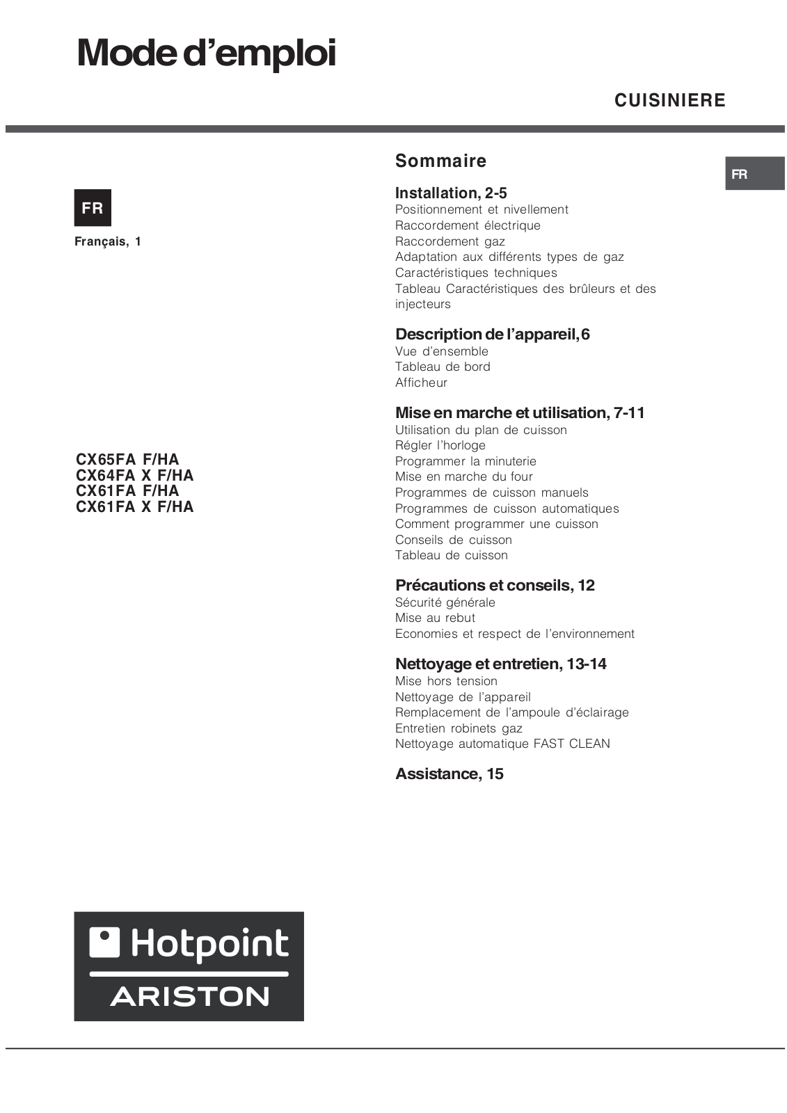 HOTPOINT CX65FA User Manual