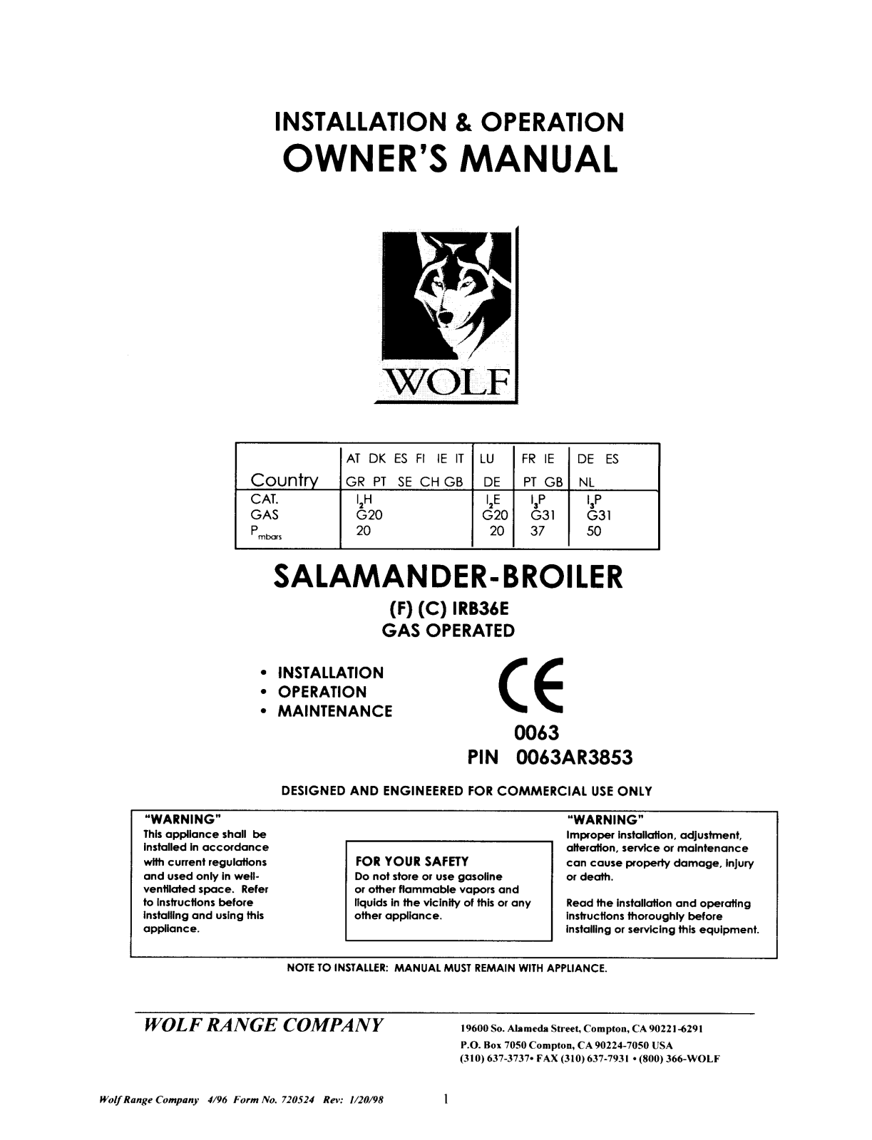 Wolf CIRB36E Installation  Manual