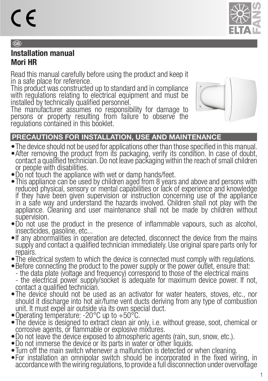 ELTA FANS Mori HR Series, Mori HR 100, Mori HR 150 Installation Manual