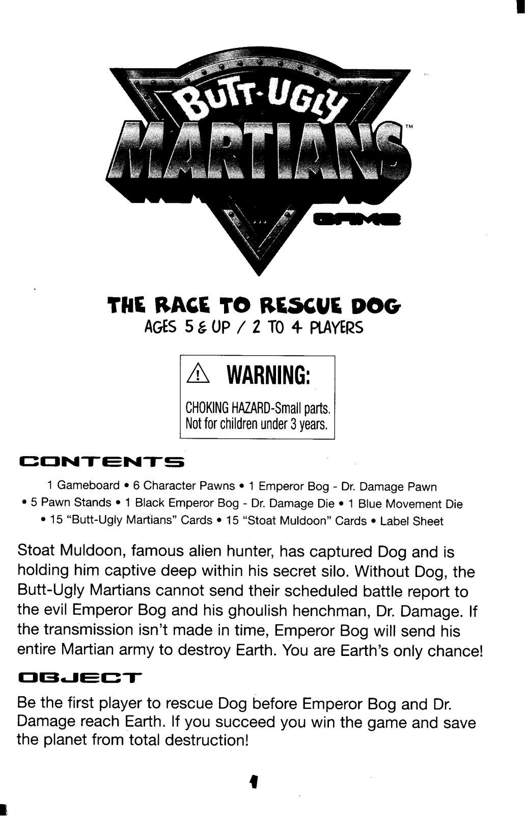 HASBRO Butt Ugly Martians The Race to Rescue Dog User Manual